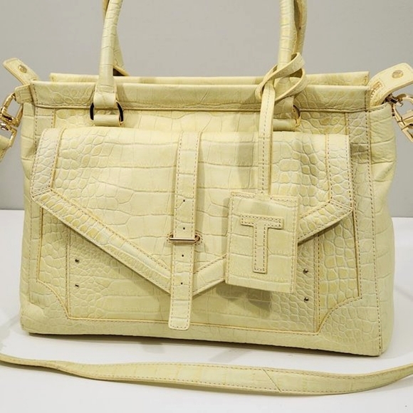 TORY BURCH 797 LARGE TOP ZIP SATCHEL CROSSBODY BAG IN YELLOW CREME CROC - Picture 3 of 12